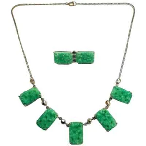 Vintage 1930s Art Deco Czech Green Peking Glass Necklace & Brooch Jewellery Set - Picture 1 of 13