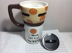 BASKETBALL COACH TRAVEL MUG New with tag “I Coach, They Play, You Watch” Ceramic - Picture 1 of 4
