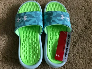 UNDER ARMOUR KIDS G PLAYMAKER JAGGER SLIDES TEAL LIME SIZE2Y - Picture 1 of 4