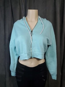 Sudadera con capucha azul para mujer a rayas laterales recortada con cremallera lana Rue21 talla M - Imagen 1 de 7
