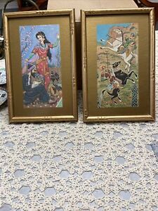 Framed Persian art work: 10 X 6 1/2"; gold frame; designs from authentic cards