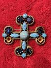 Vintage Capri Signed Maltese Cross Turquoise Blue Peking Glass Rhinestone Brooch
