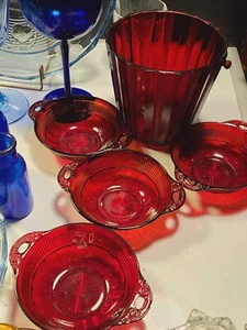 Vintage Ruby Glass Bowls Four Nappy Red Condiment, Dishes. Included ice bucket - Picture 1 of 1