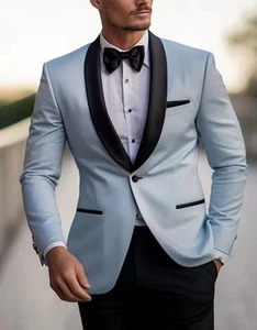 Men's Blue Shawl Lapel Blazer Black Pant Tuxedo Wedding Groom Prom Party Suit - Picture 1 of 7