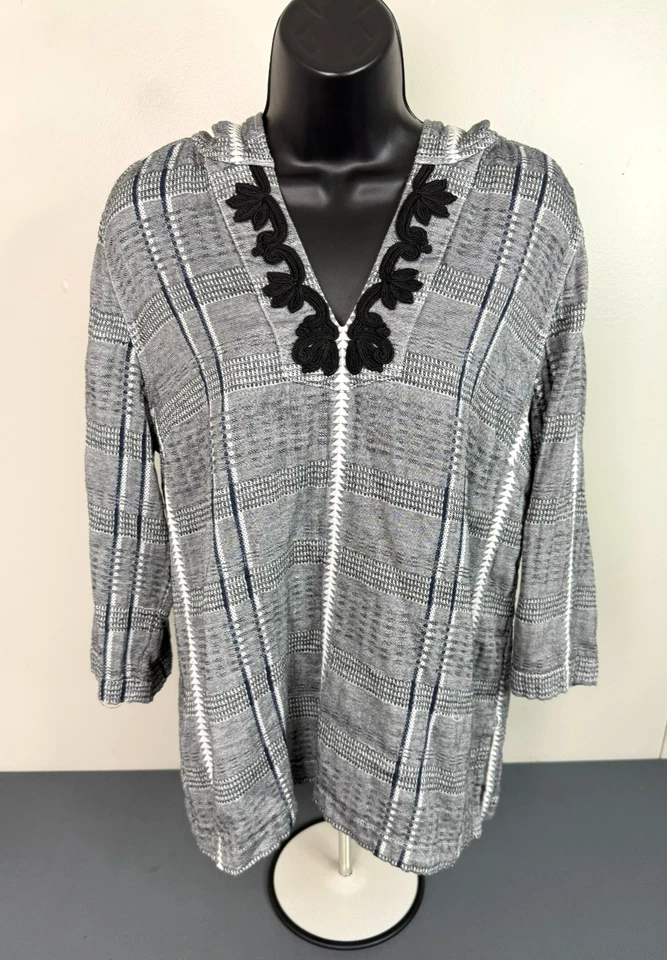 Tommy Bahama Mujer Bordado Capucha Boho Top Gris Talla Mediana Acogedor Foto 1 de 4