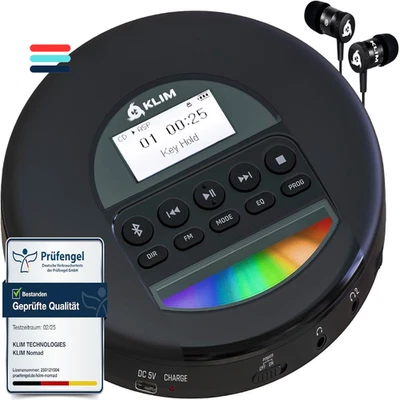 KLIM Nomad CD Player Bluetooth - Tragbarer CD-Player Discman mit langlebigem