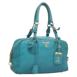 PRADA Shoulder Bag Leather Turquoise Blue Gold Auth 121722 - Imagen 1 de 24