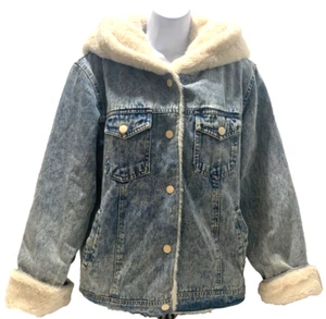 Windsor Acid Wash JEAN Denim luxury soft Faux Fur Jacket coat CUFFED HOODED MED - Picture 1 of 10