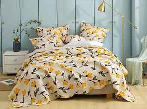 DaDa Bedding Yellow Fleur Golden Orange Tulips Floral Quilted Bedspread Set - Picture 1 of 13
