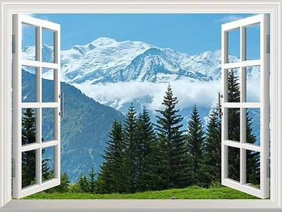 WALL26 Wall Mural - Snow Mountain and Pine Trees out of the Open Window- 36"x48"