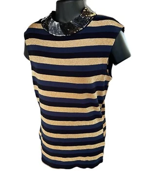 Vintage Sonia Rykiel Paris Top Sequin Crew neck Gold Glitter Navy Black Stripes  - Image 1 of 4