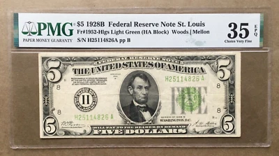 1928B   $5 FRN  St. LOUIS  FR 1952-H LGS✔ [] PMG 35 EPQ []  Ser# H 25114826 A - Image 1 of 3