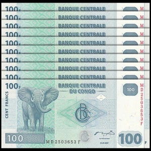 Congo Democratic Republic 100 Francs, 2007-2013, Pick#98, Lot of 10 pcs, UNC - Picture 1 of 2