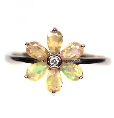 3 X 5 mm. White Rainbow Opal & Cubic Zirconia Ring Silver 925 Sterling Size 8.75 - Image 1 of 4