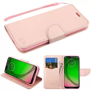 Für Motorola Moto G7 PLAY Leder Flip Wallet Case Hülle Folio Etui Ständer ROSA - Bild 1 von 4
