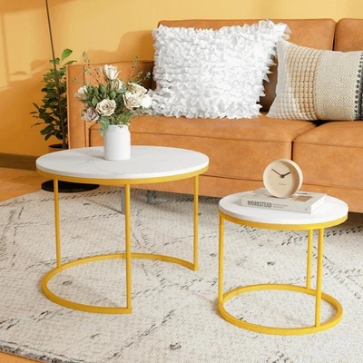 Round Nesting Coffee Tables Set: White Gold Marble Nesting Coffee Table Set o... - Image 1 of 4