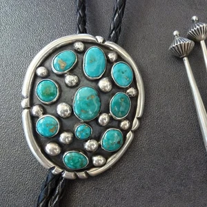 Vintage BOLO TIE Sterling Silver TURQUOISE CLUSTER Black Leather Cord 925 Tips - Picture 1 of 20