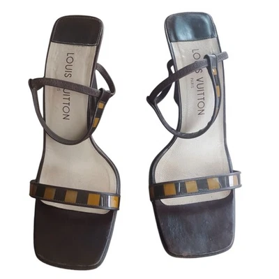 Sandalias de tacón con tiras Damier Level charol marrón Louis Vuitton, 38,5 Foto 1 de 4