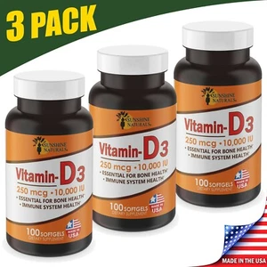 Sunshine Naturals 3 PACK Vitamin D3 10,000iu 250mcg 100 softgels Immune Support - Picture 1 of 9
