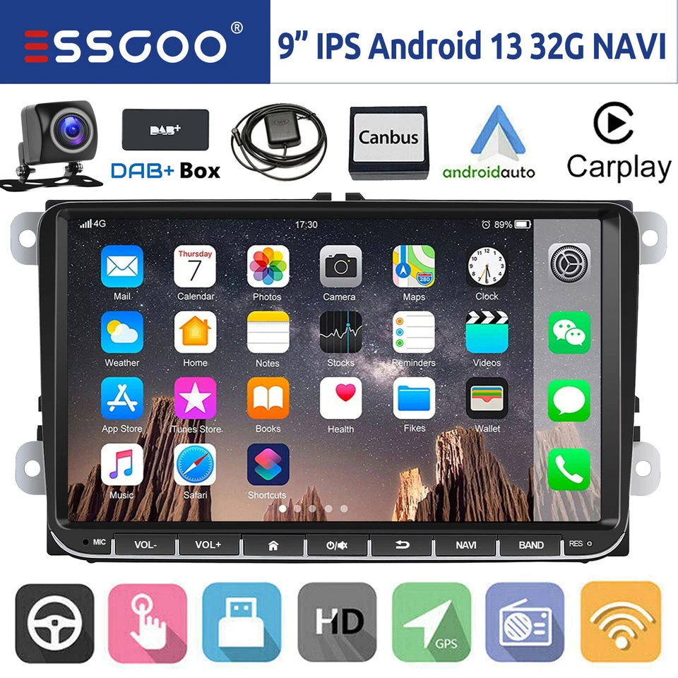 Autoradio 2DIN Carplay DAB+ Android 13 32G GPS RDS Per VW GOLF 5 6 Touran Passat - Immagine 1 di 4