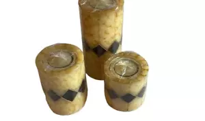 Candle Diamond Marble Assmt Set 3 with Recessed Tea Light Holder NIB Cream Color - Picture 1 of 8