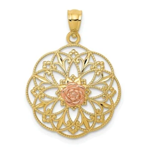 14k 14kt Two-tone Polished Rose in Round Filigree Charm PENDANT 25.5 mm - Picture 1 of 4
