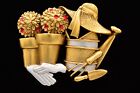 Danecraft Vintage Spring Pin Brooch Gold Gardening Pot Signed NOS 1980s BinA2