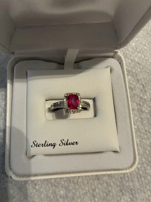 Estate .925 Silver Ring With Created Ruby And White Sapphires. Size 7 July Bday - Image 1 of 4