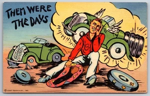WWII Ration Comic~Man w/Bad Tire Dreams Of Extra Tires~Them Were The Days~Linen - Picture 1 of 2