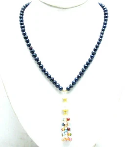 6-7mm Black Round Natural Pearl Necklace for Women & Multicolor Pendant 20'' - Picture 1 of 11