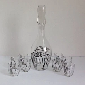 Vintage Decanter Set Retro 1960s/70s Black Swirls Decanter W/Stopper & 8 Glasses - Picture 1 of 12