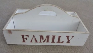 Primitive White Distressed Paint FAMILY Wood Utensil Cutlery Tray Carrier - Picture 1 of 7