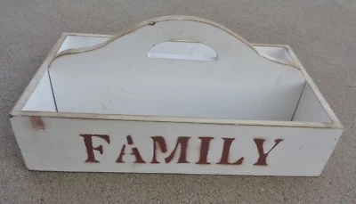  Primitive White Distressed Paint FAMILY Wood Utensil Cutlery Tray Carrier - Image 1 of 4