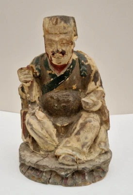 Antique, Chinese Polychrome Carved Wooden Seated Temple Figure - Image 1 of 4