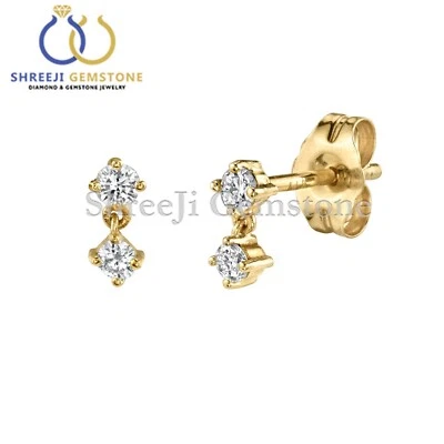 14k Solid Yellow Gold Natural Diamond Double Stud Earrings Party Wear Jewelry - Image 1 of 4