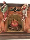 Ceramic Heritage Mint Detailed Fireplace With Fire Burning Stockings Hung and Fi