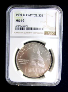 1994 - D Silver Capitol Commemorative Dollar NGC MS69 - Picture 1 of 2