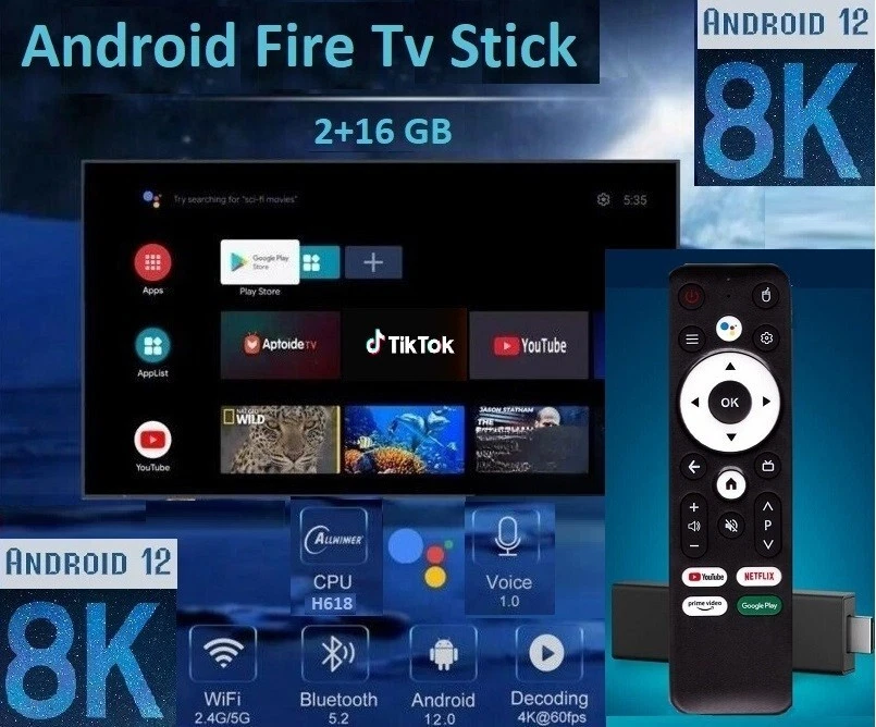 2025 Android 12 Fire Tv Stick Box 8K Wifi6 BT-Sprachfernbedienung YouTube + Apps - Bild 1 von 4