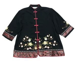 Richness Fashion Blouse Women's 3XL Black 3/4 Sleeve Flower Embroidery Mock Neck - Picture 1 of 13