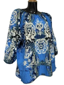 Blusa Ali Miles Top 2X Azul Crema Bordada Manga Larga Fluido Floral Encaje - Imagen 1 de 14