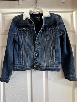 Joe's Jeans 90s TopGun Blue Denim  Trucker Jacket  White‎ Sherpa Collar Size M - Image 1 of 4