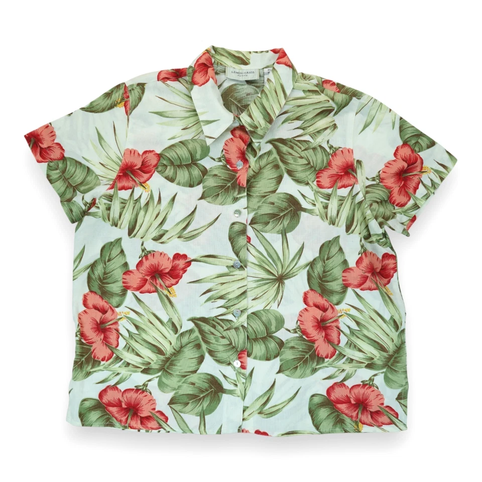 Camisa feminina grama limão floral havaiana aloha botão para cima manga curta pequena G - Imagem 1 de 4