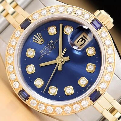 RELOJ ROLEX DAMAS FECHA ESFERA AZUL DIAMANTE ZAFIRO ORO 14K ACERO DOS TONOS Foto 1 de 4