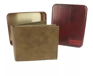 Authentic Levi's Leather Wallet Tan Bi Fold RFID Protection ID Window Flap Tin - Picture 1 of 8