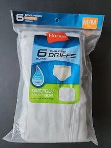 Boys Hanes White Tagless Briefs 6 Cotton Wicking Soft Medium 10-12 Underwear  - Picture 1 of 11