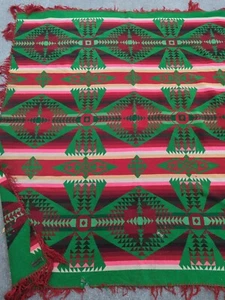 1920s Antique Pendleton Fringe Red Pink Green Indian Trade Blanket 64" x 58"Read - Picture 1 of 24
