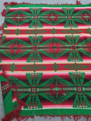 1920s Antique Pendleton Fringe Red Pink Green Indian Trade Blanket 64" x 58"Read - Image 1 of 4