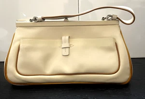 Borsa a mano Francesco Bias vintage in pelle beige crema con bordo e fodera marrone - Foto 1 di 7