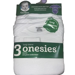 Gerber White Newborn Long Sleeve Onesie Oeko-Tex Standard 100 0-3 M 3 Pack NEW - Picture 1 of 4
