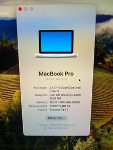 MacBook Pro 2012 A1278 13.3" 16GB RAM 500GB SSD i5-3210M 2.50GHz SONOMA 14.7.5 - Picture 1 of 11